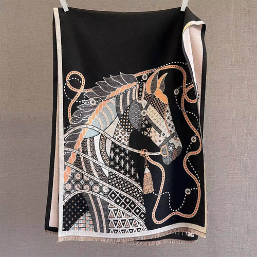 Full view of a black women scarf with horse and chains pattern is hanging on rod. The fashion winter scarf is crafted from cashmere-feel fabric that is very soft, warm and high-quality. Reversible and large size, approx. width 65 cm, length 180 cm and weight 330g