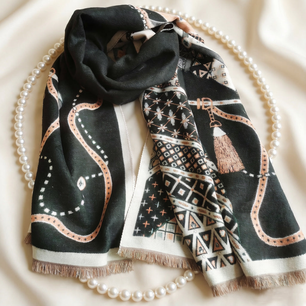 Black horse print women scarf styled as wrapping on neck. This winter scarf is crafted from cashmere-feel fabric that is very soft, warm and high-quality. Reversible and large size, approx. width 65 cm, length 180 cm and weight 330g