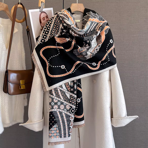 Black cashmere-feel horse print winter scarf styled as a shoulder wrap over a beige coat. This fashion women scarf is large size and reversible. Approx. width 65 cm, length 180 cm and weight 330g.