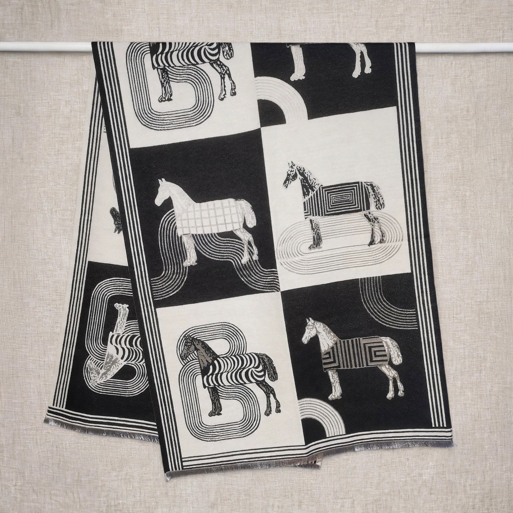 Black White Panel Horse Print Cashmere-Feel Winter Unisex Scarf