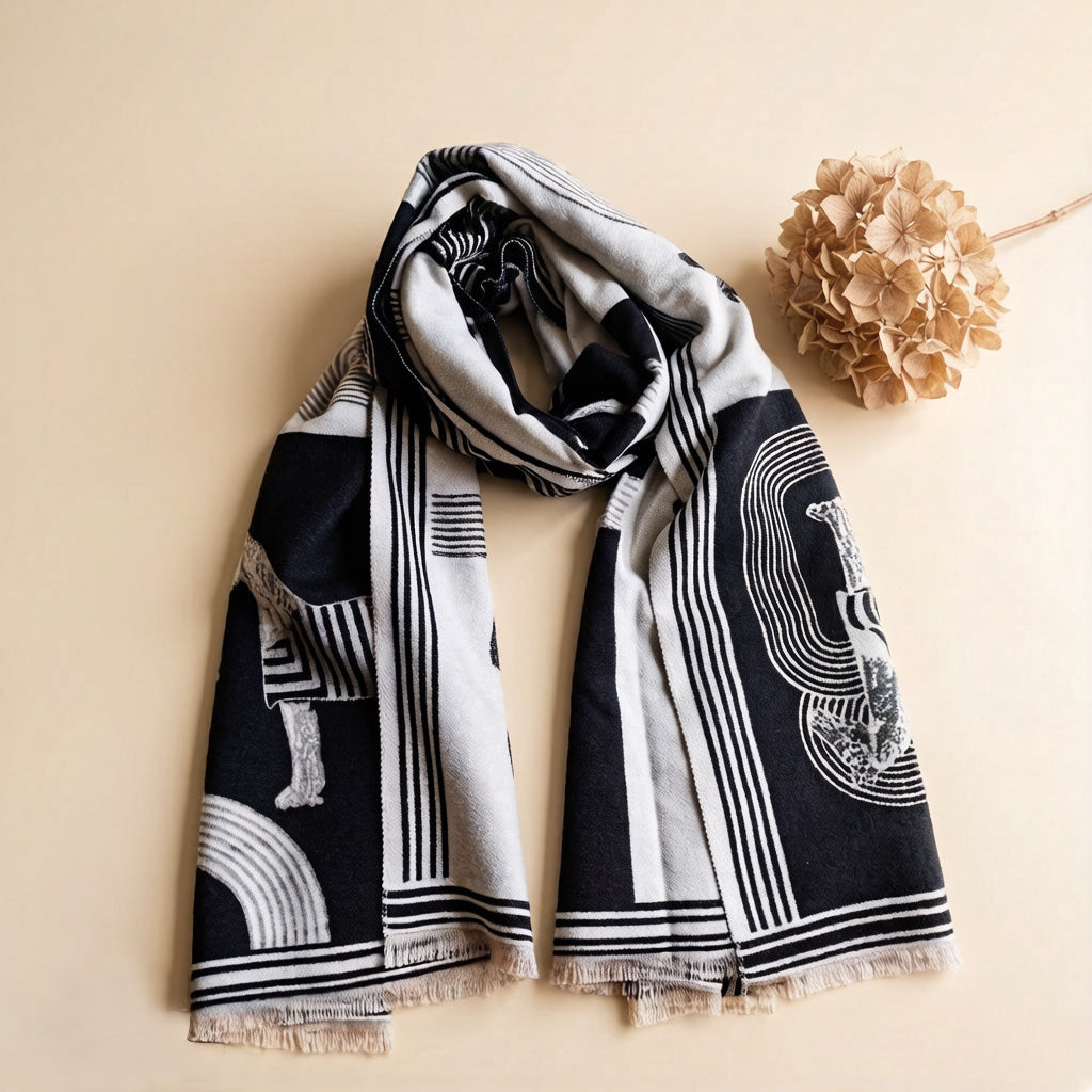 Black White Panel Horse Print Cashmere-Feel Winter Unisex Scarf