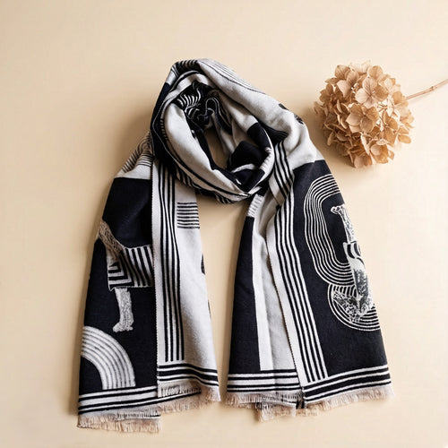 Black White Panel Horse Print Cashmere-Feel Winter Unisex Scarf