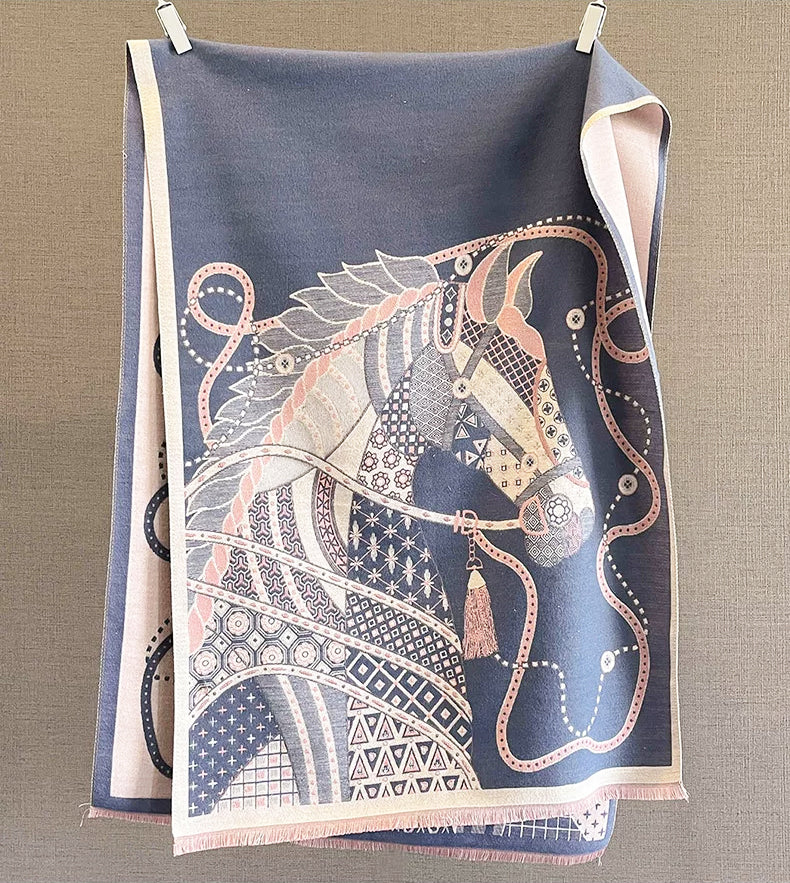 Full view of a blue women scarf with horse and chains pattern is hanging on rod. The fashion winter scarf is crafted from cashmere-feel fabric that is very soft, warm and high-quality. Reversible and large size, approx. width 65 cm, length 180 cm and weight 330g