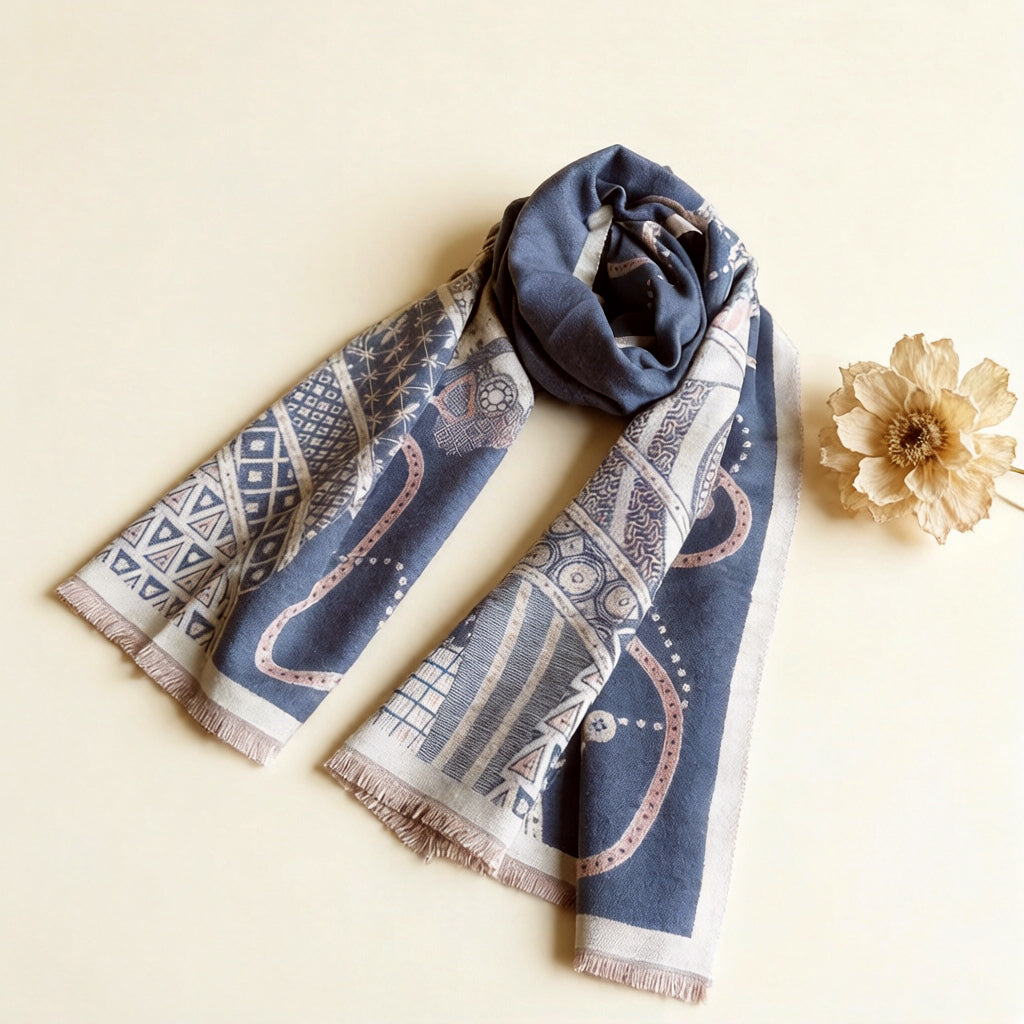 Blue horse print women scarf styled as wrapping on neck. This winter scarf is crafted from cashmere-feel fabric that is very soft, warm and high-quality. Reversible and large size, approx. width 65 cm, length 180 cm and weight 330g