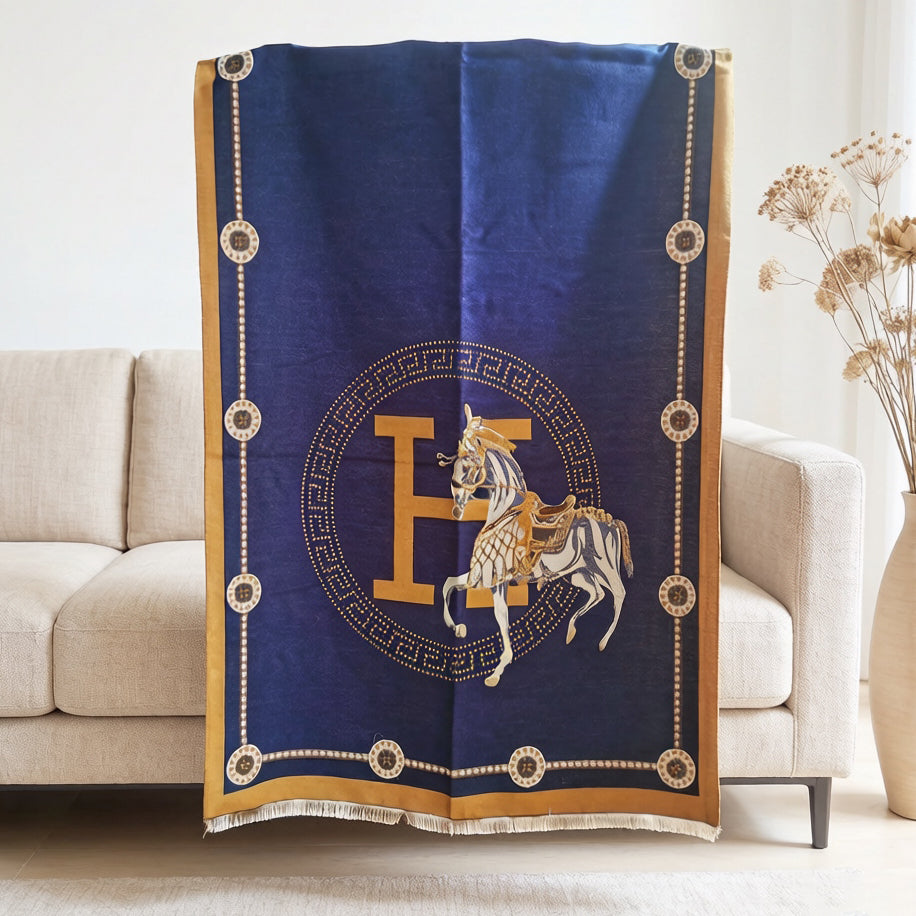 Royal blue and gold equestrian print  large scarf for man and woman, with horse and gold letter medallion design. Showing soft cashmere feel fabric that is good for winter