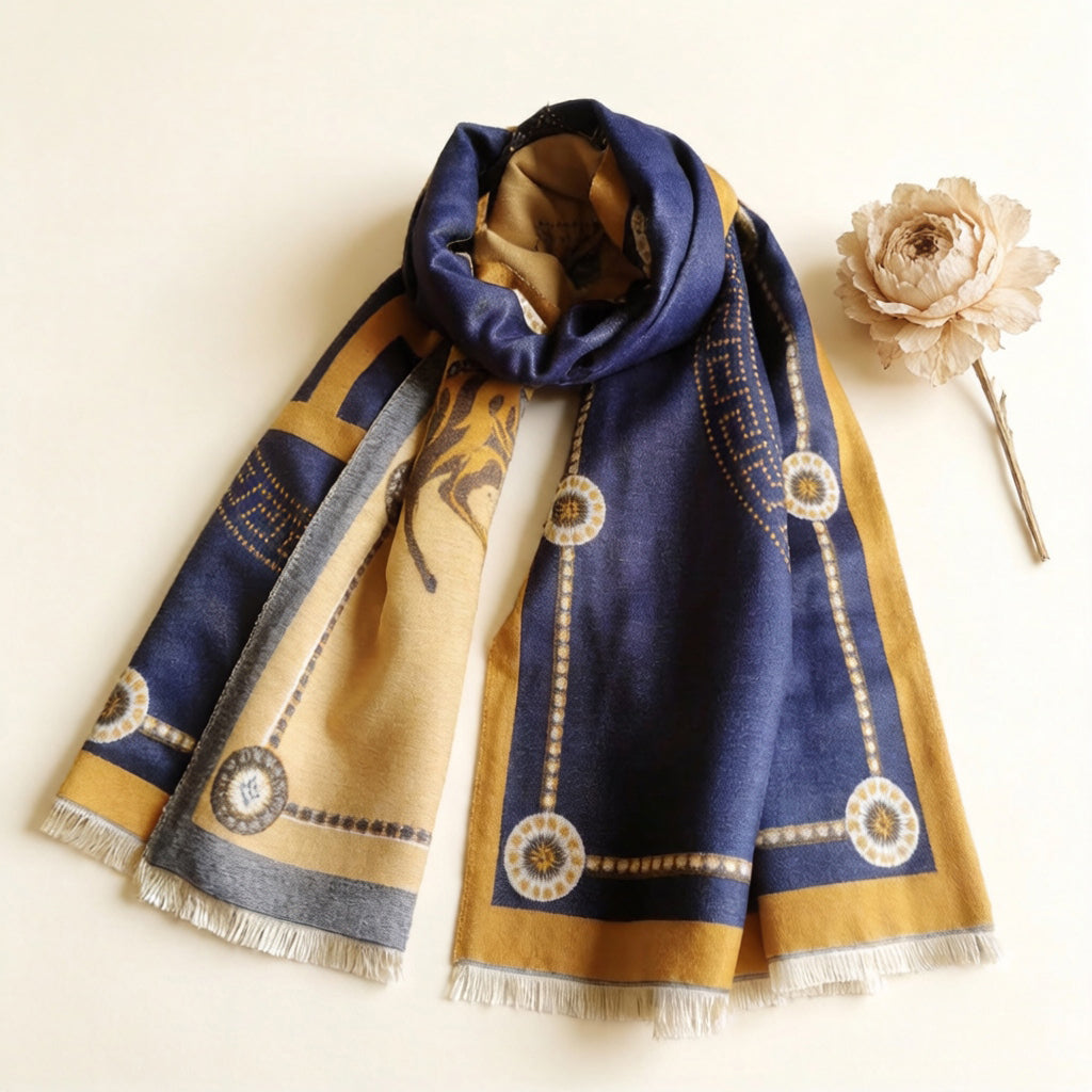 Royal blue large scarf with gold border folded and knotted, flat lay styled with dried flower. It is a perfect gift for man and woman
