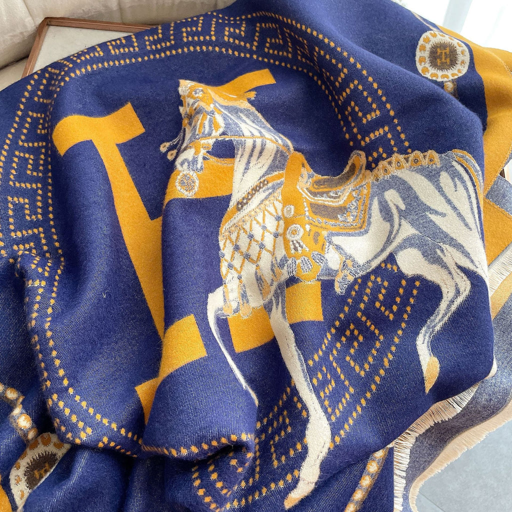Close-up of royal blue large scarf with gold letter and border fabric, horse pattern and gold letter. The clear horse pattern showcases the exquisite craftsmanship, making it the perfect gift for any occasion.