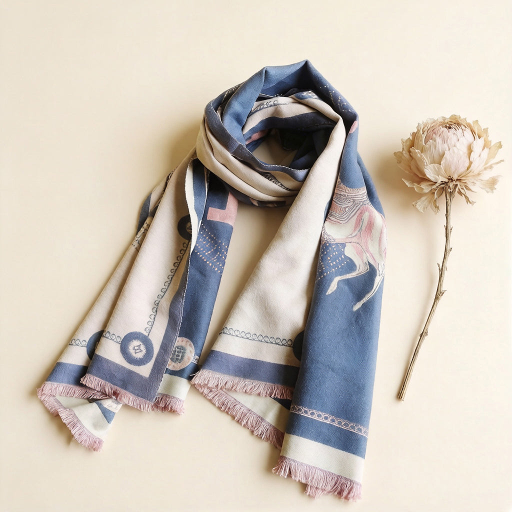Reversible blue and pink horse print cashmere-feel scarf styled with dried flower flat lay