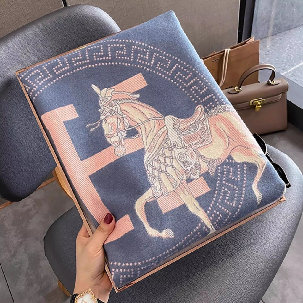 Folded blue equestrian jacquard thick winter scarf with ivory horse and blush pink letter pattern
