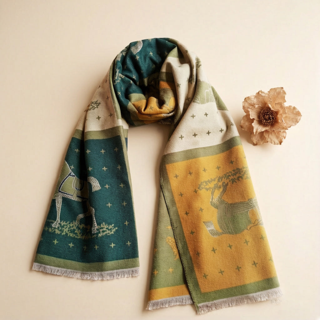 cashmere-feel olive-green winter scarf with mustard yellow, ivory and teal panels styled on light background. The unisex is large size, approx. width 65 cm, length 180 cm and weight 330g