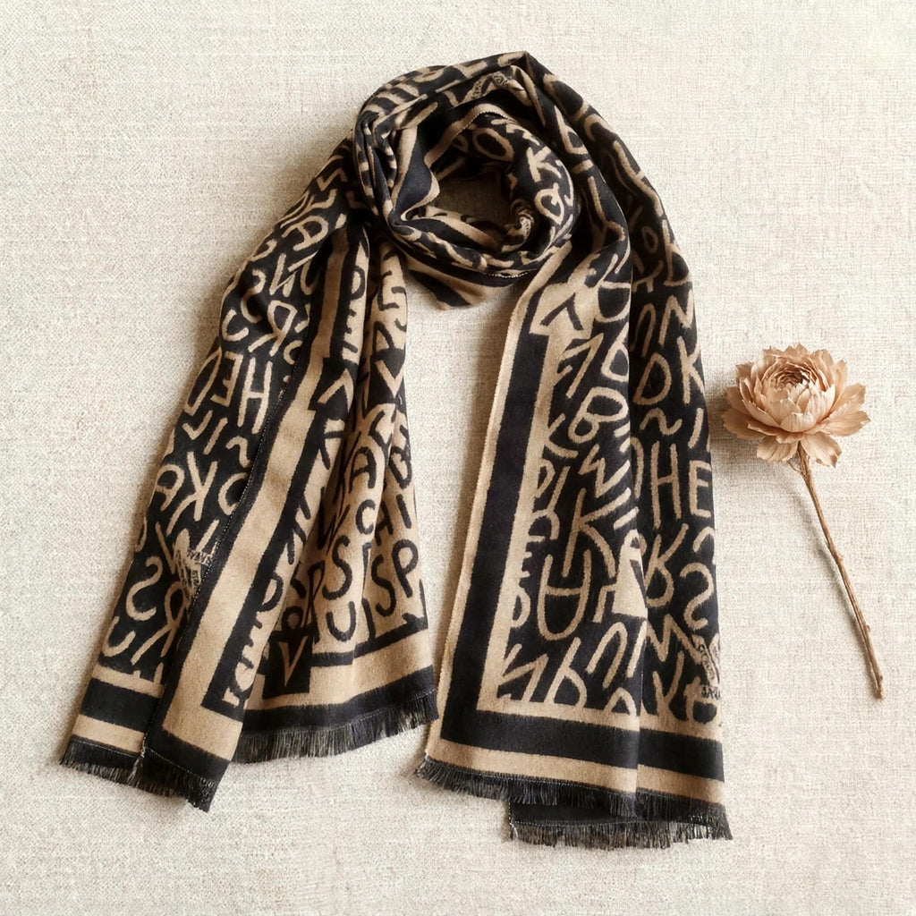fashion winter scarf for both men and women designed in black and brown letter pattern styled on a light background. Crafted with high-quality cashmere-feel fabric. Large size, approx. 65 cm width,  180 cm length and 330g