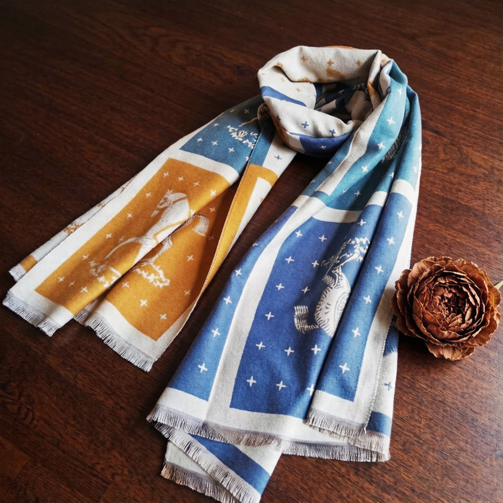 Navy and mustard yellow horse pattern fashion scarf loosely wrapped beside a dried flower. This large sized winter scarf crafted from cashmere-feel fabric that is soft, warm and high-quality.
