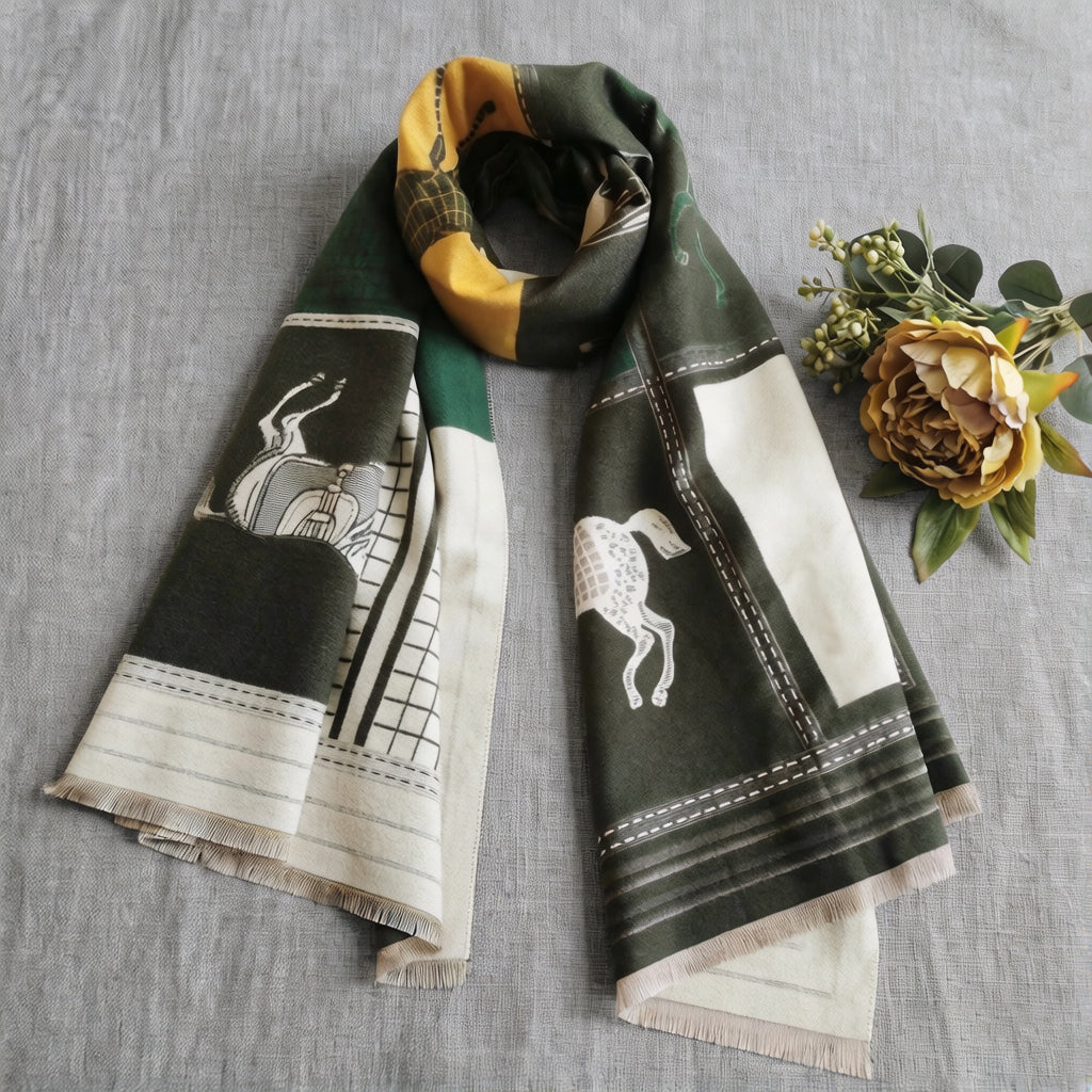 Dark-green cashmere-feel large scarf styled on light gray background with a yellow flower. This winter scarf is reversible. The clear horse pattern winter neck scarf is very soft, warm and crafted from high-end workmanship