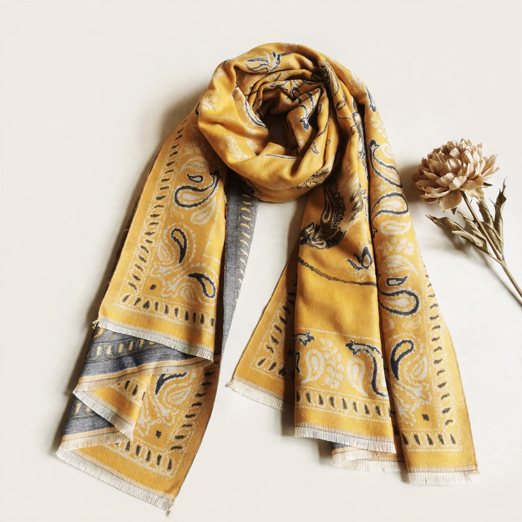 Cashmere-feel Winter Women Scarf Yellow Birds Floral Shawl