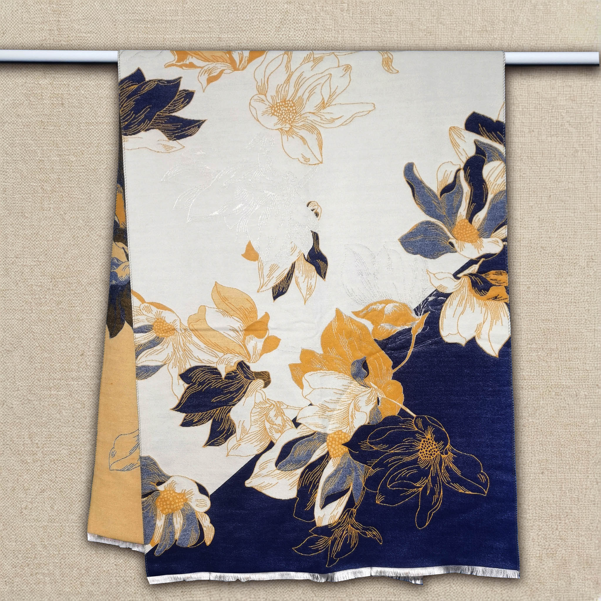 cashmere-feel women scarf in large sized shows navy and yellow flowers on ivory background. This scarf is crafted by cashmere-feel fabric in high-end workmanship. Looks a perfect gift for any occasion