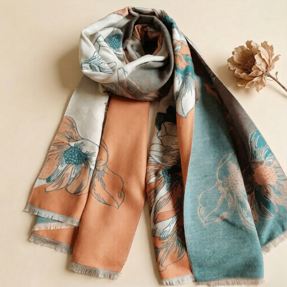 Winter women scarf in teal and orange styled on cream background with dried flower, showing large size scarf and reversible design. Cashmere-feel fabric and the clear pattern crafted with high-end workmanship.