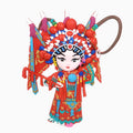 Front view of cute 3D Peking Opera character fridge magnet featuring a colorful Chinese opera female character in traditional costume whose name is Mu GuiYing. 