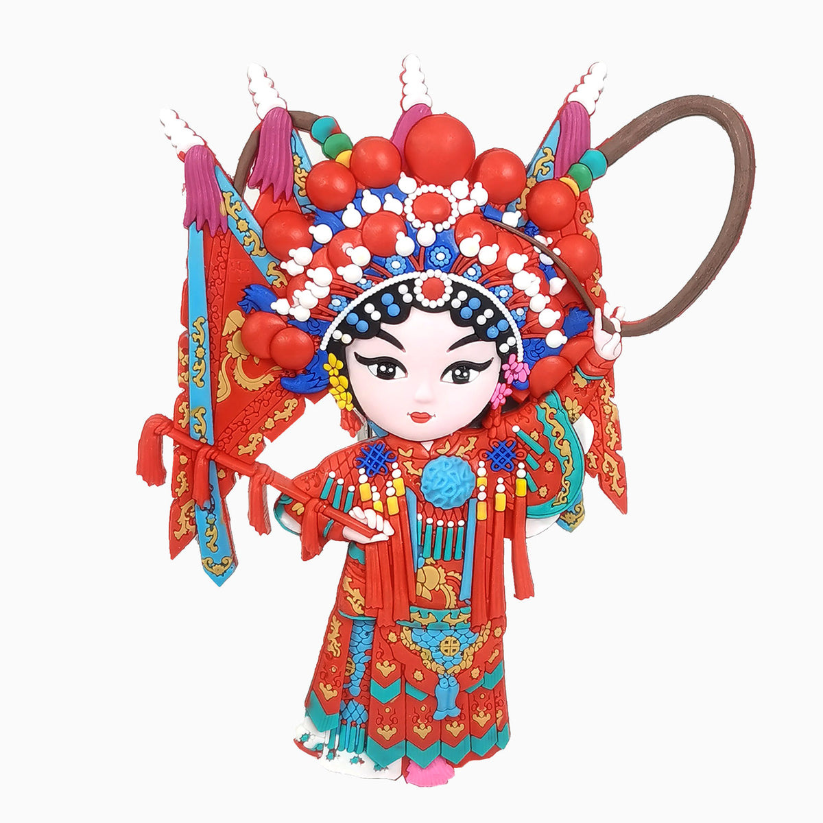 Front view of cute 3D Peking Opera character fridge magnet featuring a colorful Chinese opera female character in traditional costume whose name is Mu GuiYing. 