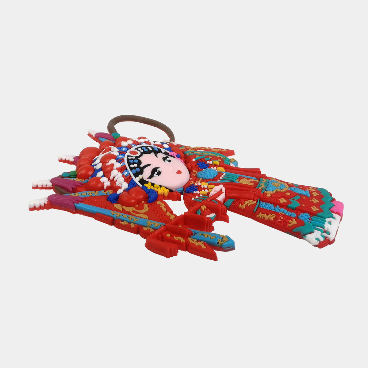 Side view  of a cute chibi Peking Opera character 3D soft rubber fridge magnet, represents Mu GuiYIng. 