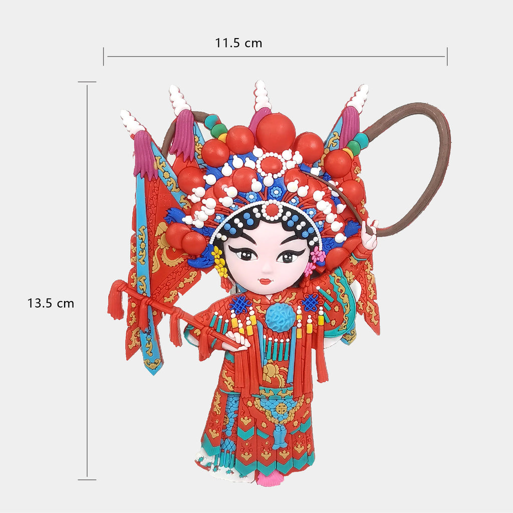 Dimensions of a cute chibi Peking Opera character 3D soft rubber fridge magnet, represents Mu GuiYIng. The size is approx. 13.5 cm (Height) x 11.5 cm (Width) 