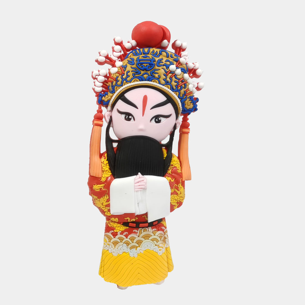 Front view of cute chibi Peking Opera character 3D soft rubber fridge magnet, represents Liu Bei. This Chibi-style fridge magnet is infused with rich cultural flair. Superb craftsmanship faithfully recreates the rich splenders of intricate costumes and vivid personalities of traditional Beijing Opera.