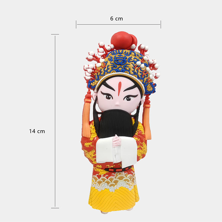 A traditional Chinese opera character 3D magnet shown front-facing on a light gray background, with measurement lines and labels indicating a height of 14 cm and width of 6 cm.