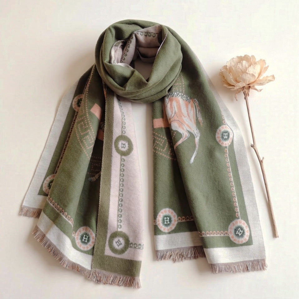 Styled olive green reversible horse print scarf with ivory border, flat lay with dried peony flower on cream background