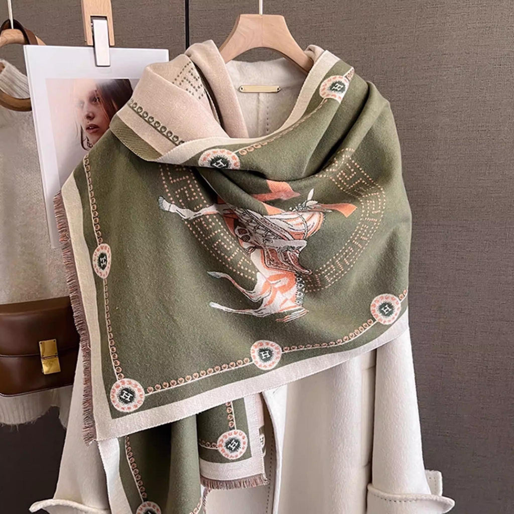 oliver green elegant jacquard shawl horse motif cashmere-feel scarf draped on hanger with white coat