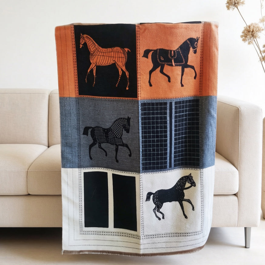  The back side of elegant jacquard equestrian horse print scarf in black ivory and orange color block and grid design