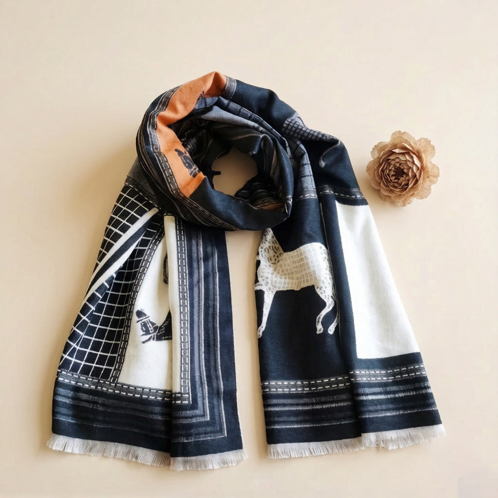 Refined jacquard horse print scarf in black white and orange colorblock and grid design styled on cream background with flower