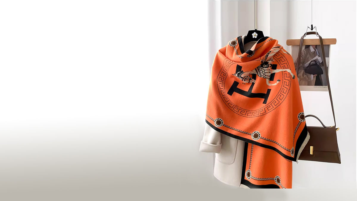  Orange cashmere-feel winter women scarf draped on white coat. The large scarf features an elegant equestrian horse print and is crafted with high-end workmanship.