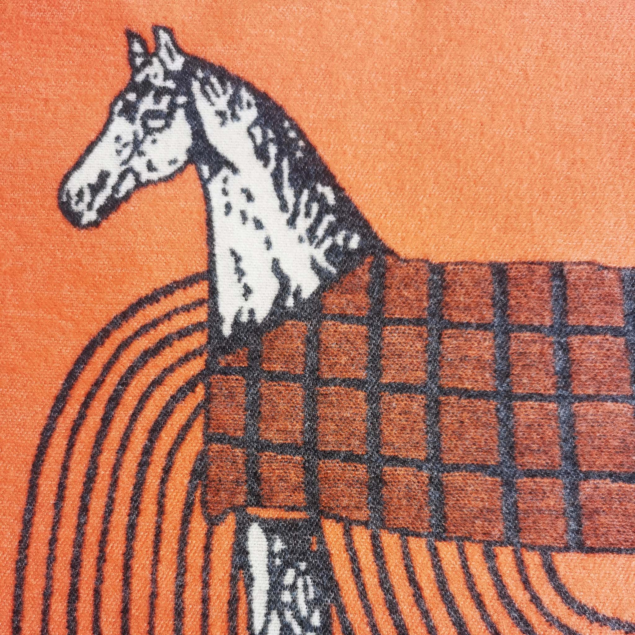 Close-up of luxury orange scarf displaying cashmere-feel fabric detail. It showcases the scarf’s exquisite craftsmanship.
