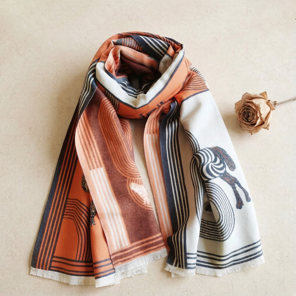 Luxury style orange ivory equestrian print panel cashmere-feel scarf displayed on light color background with a dried flower decoration. It shows what it looks like when worn.