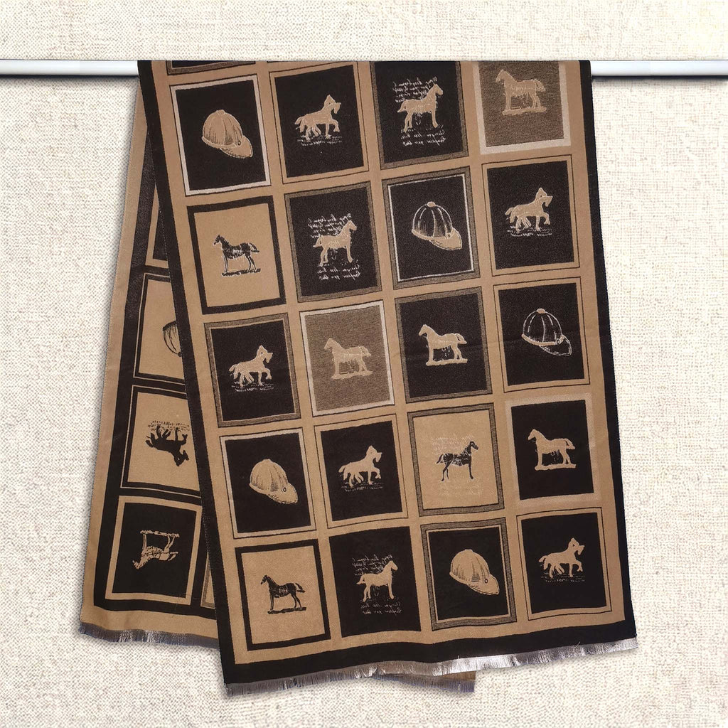 Cashmere-feel winter men scarf featuring brown and black panels with horse-themed pattern, shown hanging on clothing rack