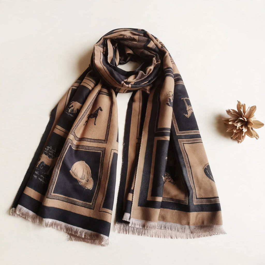 brown cashmere-feel large size men scarf styled on light table with a dried flower. This winter scarf is reversible. The clear horse patterns showing the winter men’s neck scarf is very soft, warm and crafted from high-end workmanship