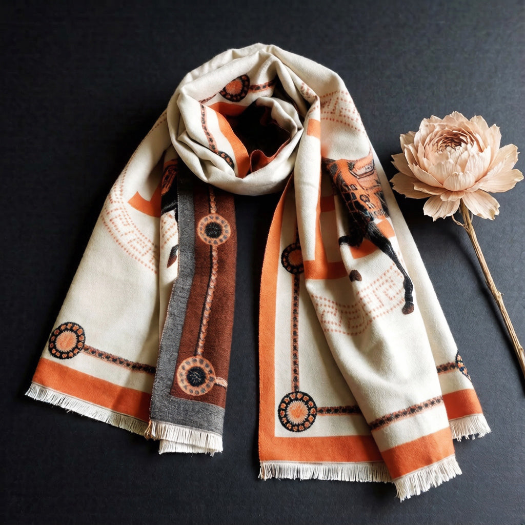 Ivory equestrian horse print cashmere-feel large scarf with orange border and letter print and fringe trim, styled with dried flower decoration