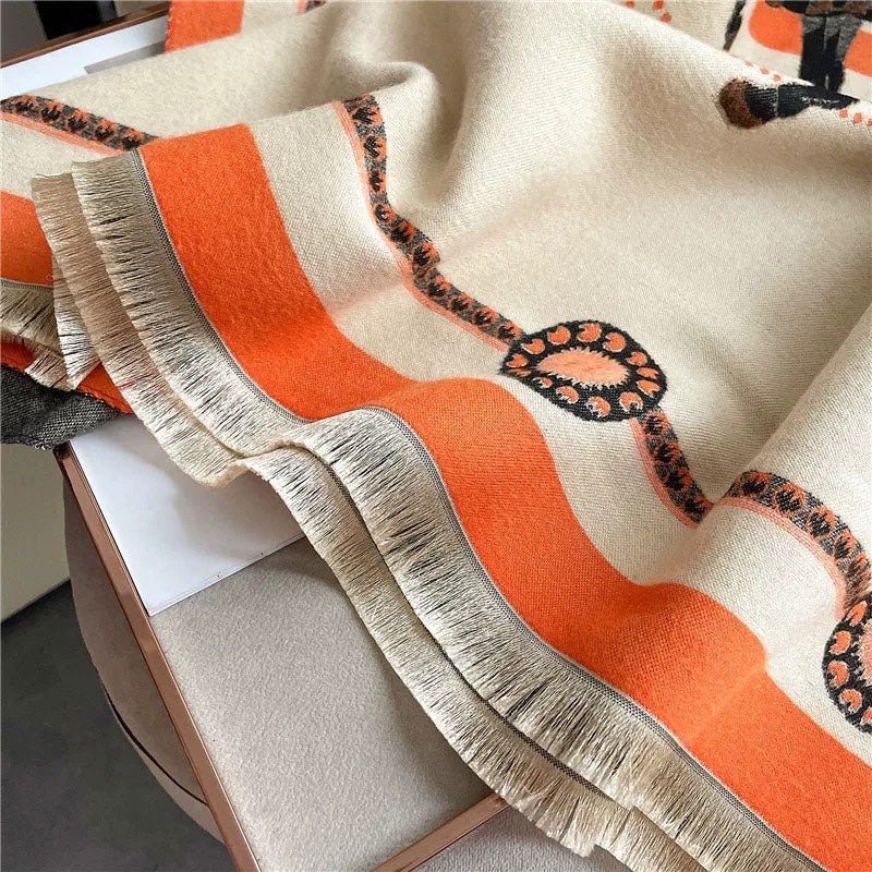 Ivory Large Scarf Women Cashmere-Feel Equestrian Horse Print Fringe